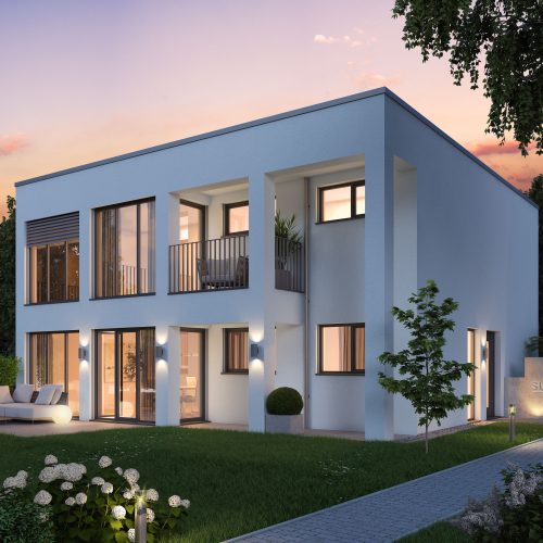 3D Architekturvisualisierung, großes Einfamilienhaus, Bauhausstil, Abendstimmung.