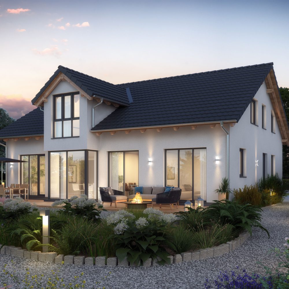 Visualisierung eines Einfamilienhaus, Abendstimmung, Gartenansicht.