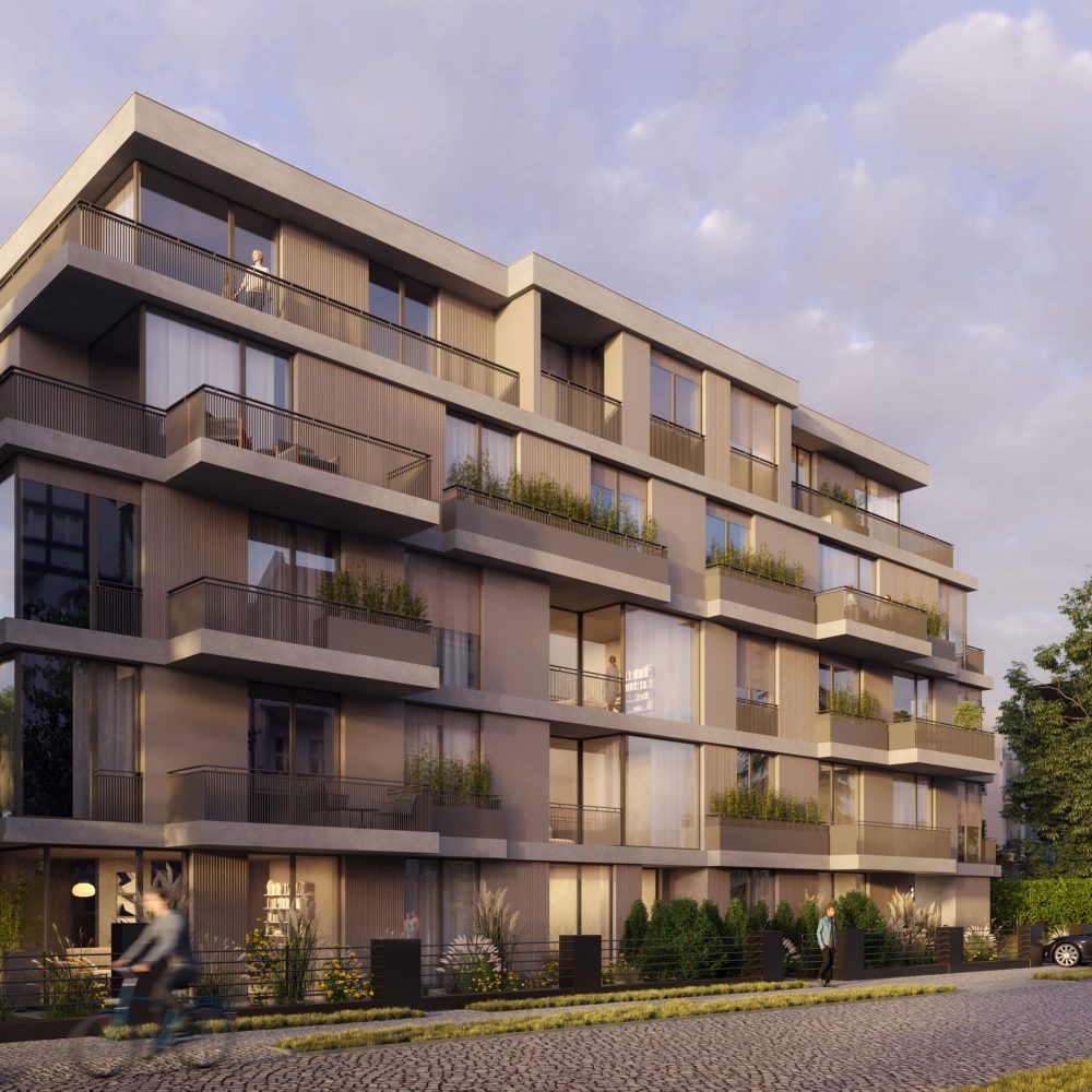 Architekturvisualisierung, seitliche Ansicht des Gebäudes von der Straße.