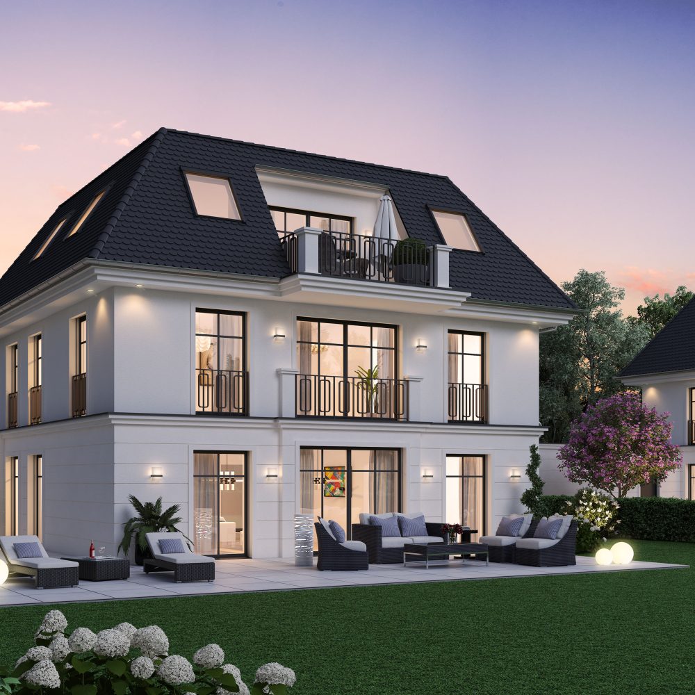 3D Architekturvisualisierung einer Stadtvilla mit Garten, Abendansicht.
