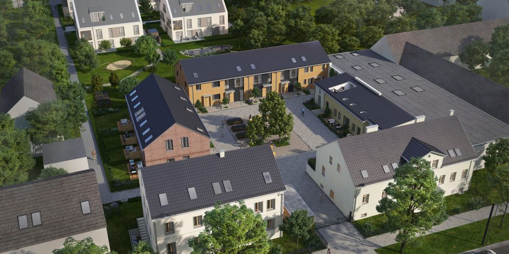 Architekturvisualisierung von der geplanten Sanierung und Ergänzung des Vierseitenhofs Gustavs, Ansicht als Luftbildaufnahme.