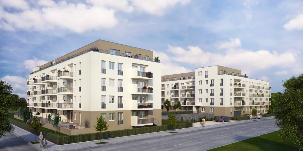 3D Visualisierung einer Mehrfamilenhauswohnanlage. Moderne Architektur.