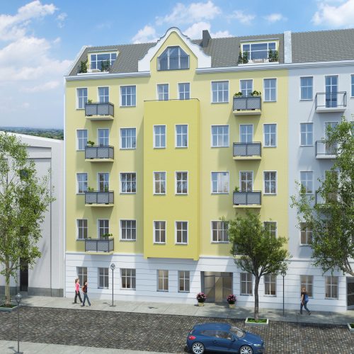 3D Visualisierung eines Mehrfamilenhaus, Straßenansicht.