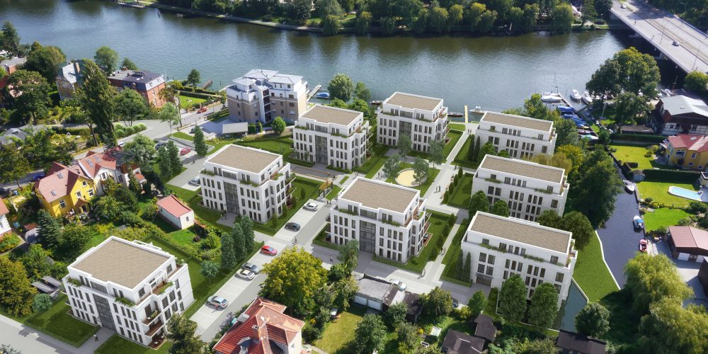 Luftbildaufnahme und virtuelles 3D Modell Neubauprojekt Hirschgartenufer Fotomontage.