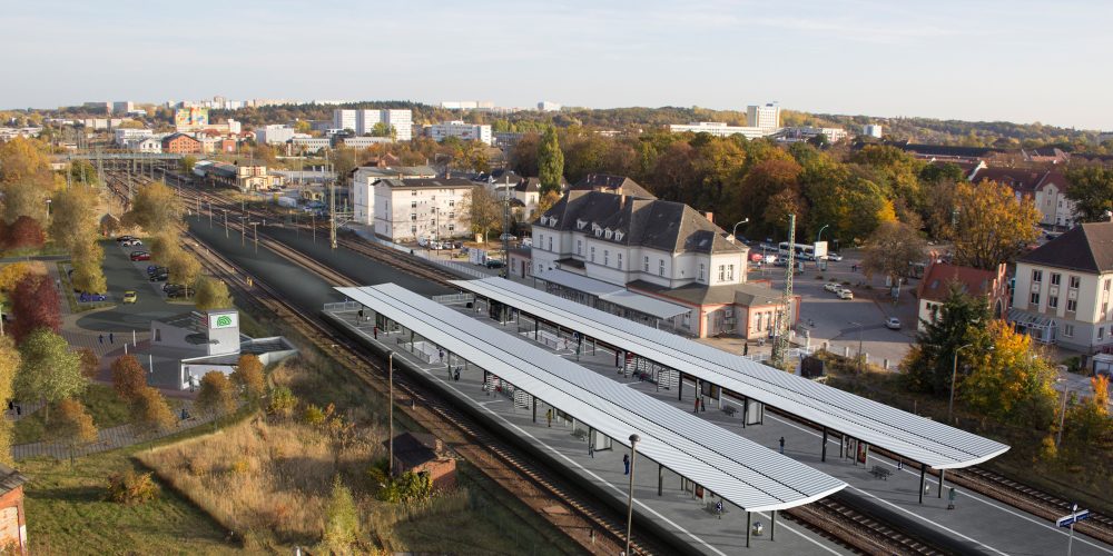 3D Visualisierung der geplanten Umbaumaßnahme, Bahnhof Neubrandenburg. Ansicht Nordwest.
