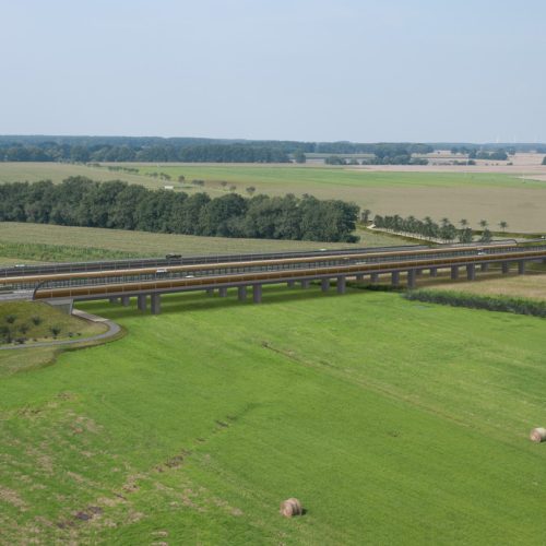 3D Visualisierung eines Brückenbauwerks, die Autobahnbrücke über der Löcknitz. Ostansicht.