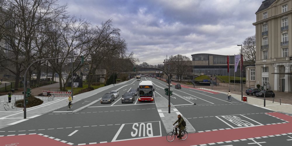 Visualisierung der neu geplanten Verkehrsführung an der Esplanade in Hamburg. Neugestaltung des Kreuzungsbereich für eine bessere und sichere Verkehrsführung. Blick in Richtung Dammtor.