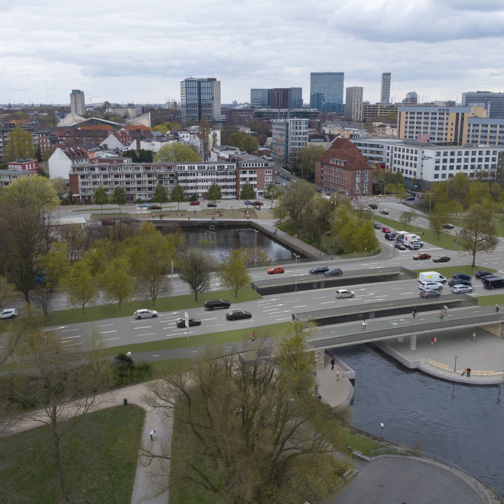 Visualisierung der geplanten Verkehrs- und Landschaftsumgestaltung der Hohenfelder Bucht in Hamburg. Sicht auf die Brücken, Alster und Bucht.