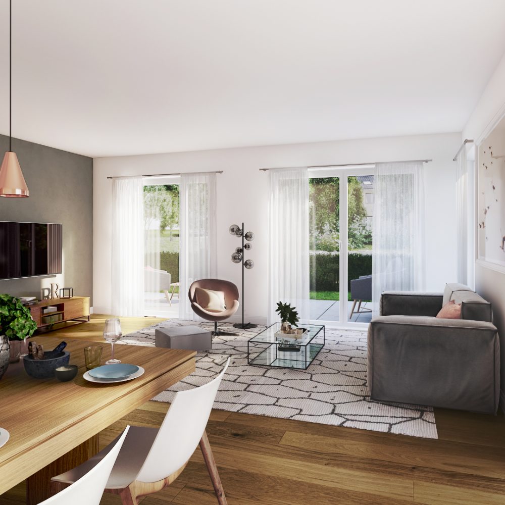 Innenraumvisualisierung, modernes Wohnzimmer, gehobene Ausstattung.
