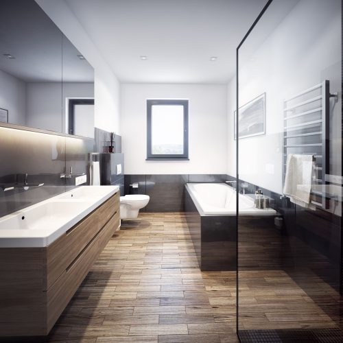 3D Innenraumvisualisierung eines sehr modernen Badezimmer. Fliesen in Holzoptik, hochwertige Ausstattung.