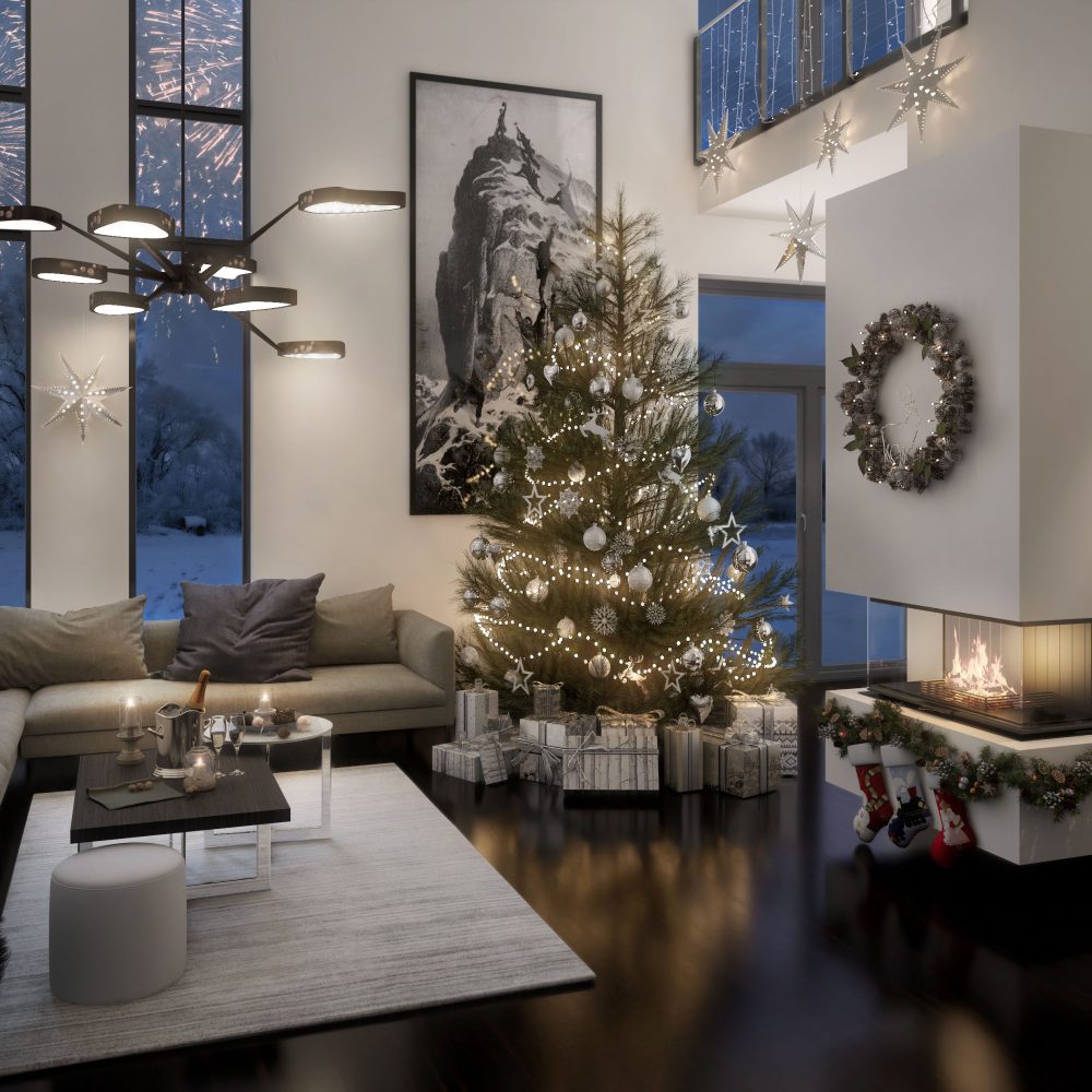 3D Produktvisualisierung von einem Kamin, RIII, von der Firma Rüegg Cheminée Schweiz AG. Moderne Architektur mit dreiseitigen Kamin. Weihnachtlich dekoriert und draußen Feuerwerk.