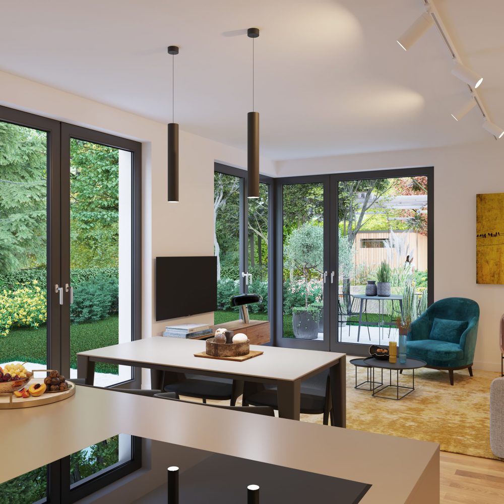 3D-Innenraumvisualisierung, modernes Wohnzimmer mit Blick in den Garten.