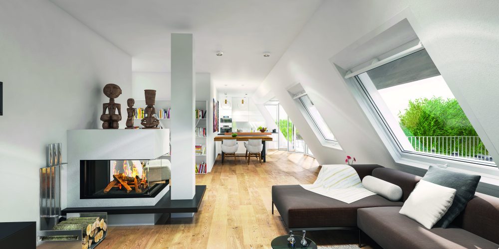 Innenraumvisualisierung, Dachgeschosswohnung, modern mit Dachschrägen.