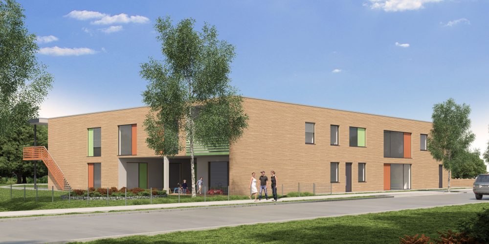 3D-Visualisierung einer geplanten Kindertagesstätte, Kita Zwergenland in Strausberg. Die Fassade ist mit Holz verkleidet.
