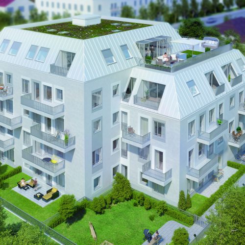 Architekturvisualisierung, Luftbildaufnahme, Mehrfamilienhaus, modern.