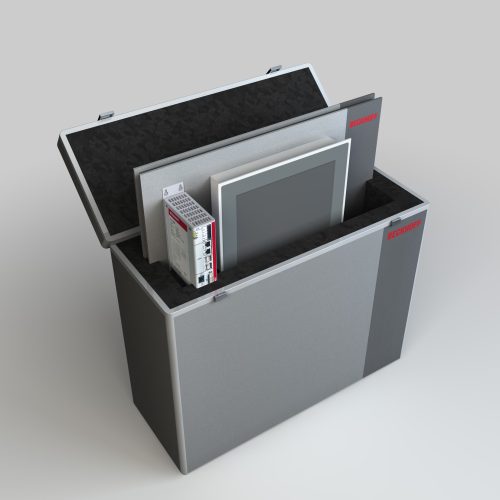 3D Produktvisualisierung eines Musterkoffers mit elektrotechnischen Bauteilen. Koffer mit einem Bauteile.