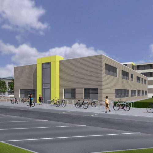 3D Visualisierung eines geplanten Schulgebäudes. Neubau Schulstandort Schwanebeck.