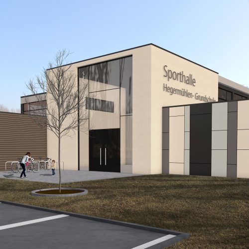 3D Visualisierung einer geplanten Sporthalle der Hegermühlen-Grundschule in Strausberg. Ansicht Ost.