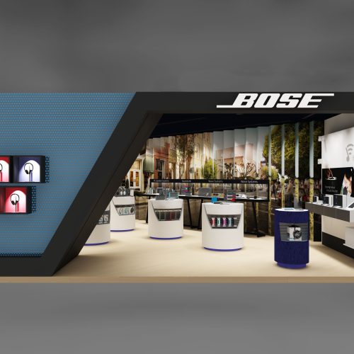 3D Visualisierung Bose Store Design, Hongkong. Ansicht Eingangsbereich.