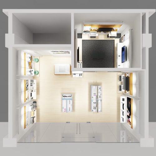 Fotorealistische 3D Visualisierung eines geplanten Bose Shop. Ansicht, 3D Grundriss.