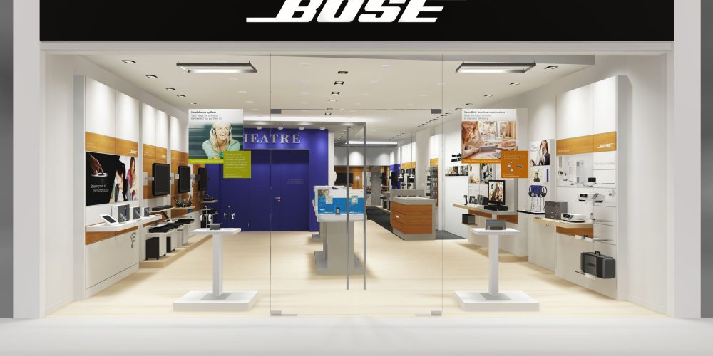 3D Visualisierung eines geplanten Bose Shop. Ansicht, Eingangsbereich.