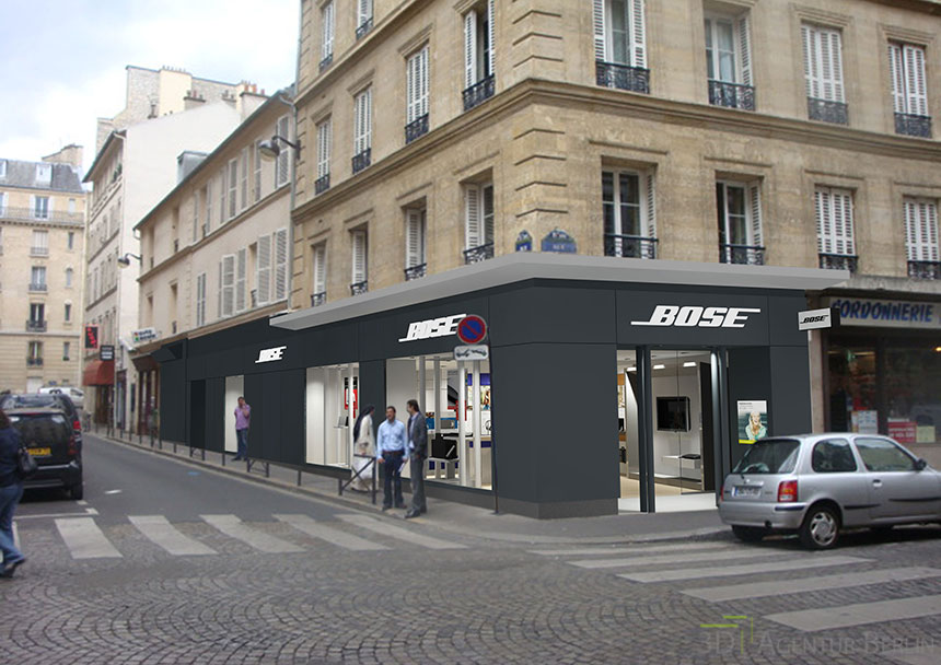 3D Visualisierung Bose Shop Paris Fassadengestaltung, als Entwurf.