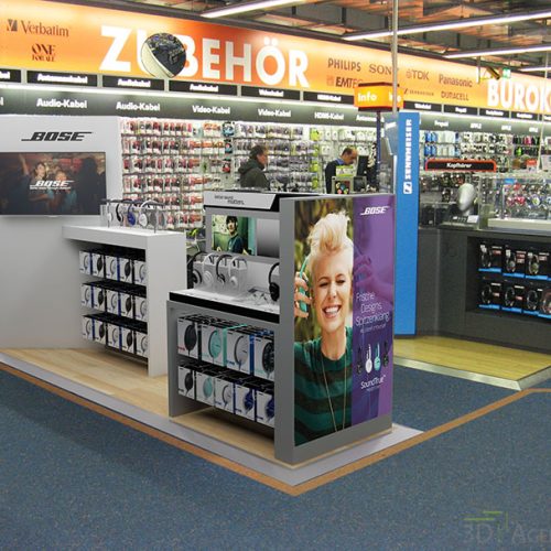 3D Visualisierung einer Verkaufsfläche umit Markenprodukte, Bose. Ansicht Verkaufsfläche.
