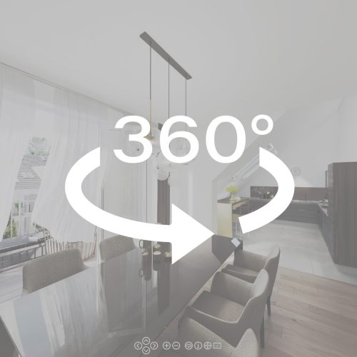 Standbild, 360° Panorama, moderne Dachgeschosswohnung mit exklusiven Möbel, mit Blick auf Balkon und Essbereich.
