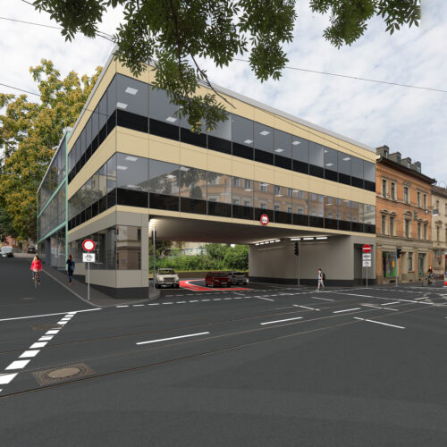 3D Visualisierung, Verkehrsführung Auto, Fahrrad und Straßenbahn. Unterführung unter einem Büro- Geschäftshaus.