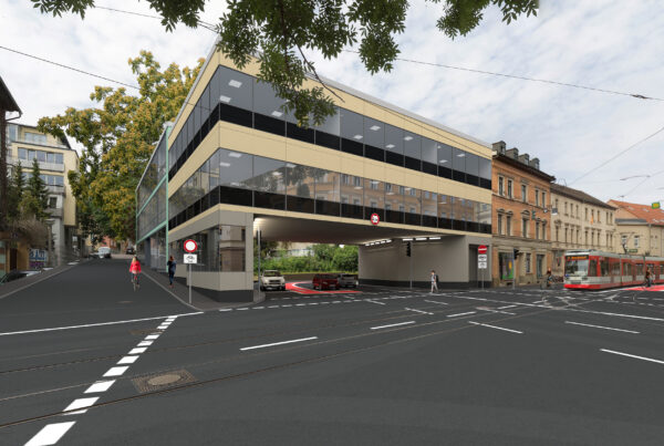 3D Visualisierung, Verkehrsführung Auto, Fahrrad und Straßenbahn. Unterführung unter einem Büro- Geschäftshaus.