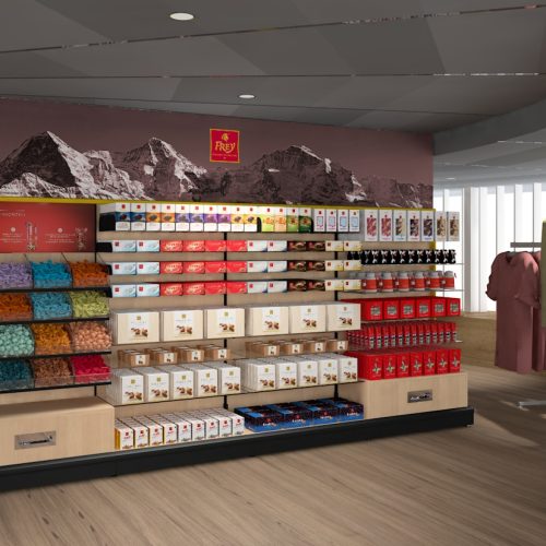 3D-Visualisierung eines Regalaufstellers von Frey Schokolade Schweiz, für einen Souvenirs Shop.