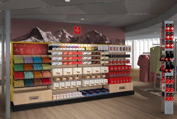 3D-Visualisierung eines Regalaufstellers von Frey Schokolade Schweiz, für einen Souvenirs Shop.
