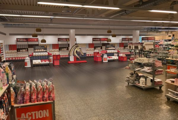 3D Visualisierung einer größeren Regalfläche von Frey Schokolade innerhalb von einem Supermarkt.